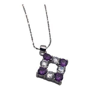 925 Sterling Silver 18" Necklace With Purple &‎ Clear CZ Diamond Shaped Pendant